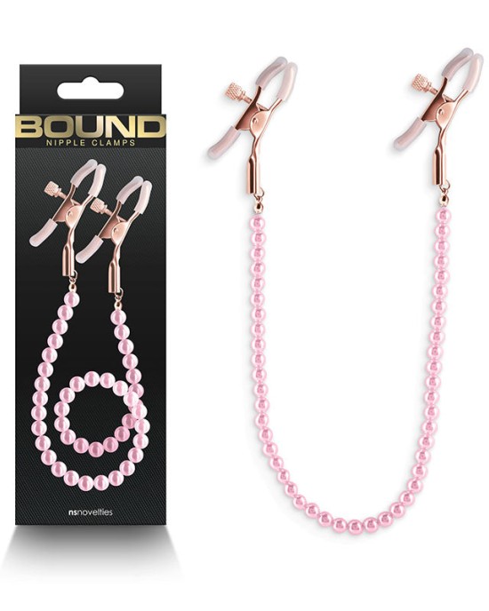 Bound Gold Nipple Clamps with Pink Pearl Chain