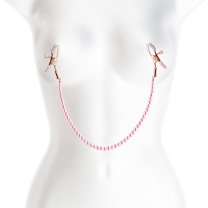 Bound Gold Nipple Clamps with Pink Pearl Chain