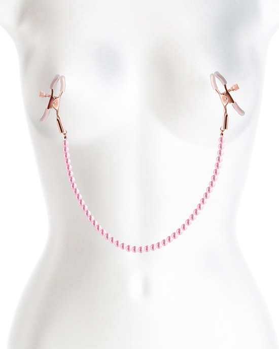 Bound Gold Nipple Clamps with Pink Pearl Chain