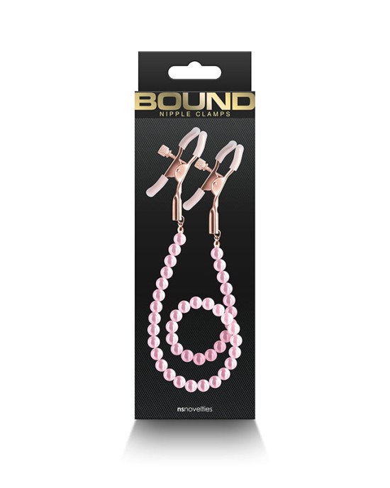 Bound Gold Nipple Clamps with Pink Pearl Chain