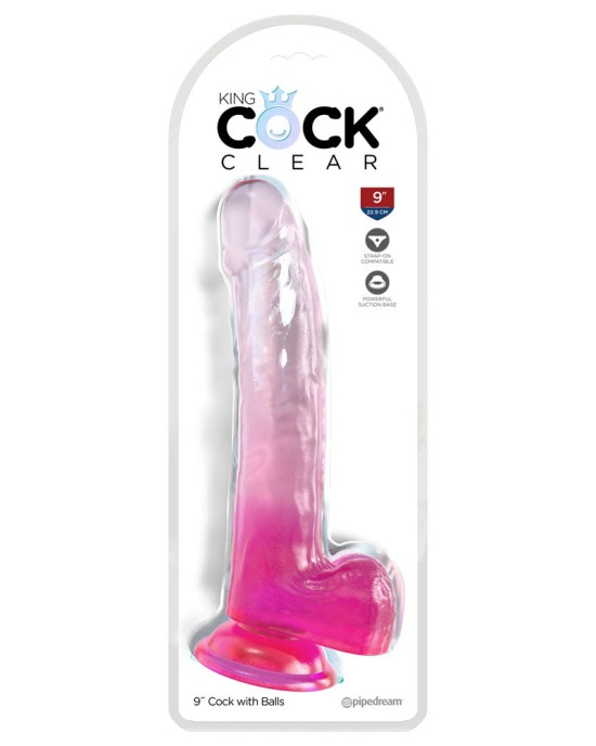 King Cock Clear 9 Inch Dildo with Balls - Pink