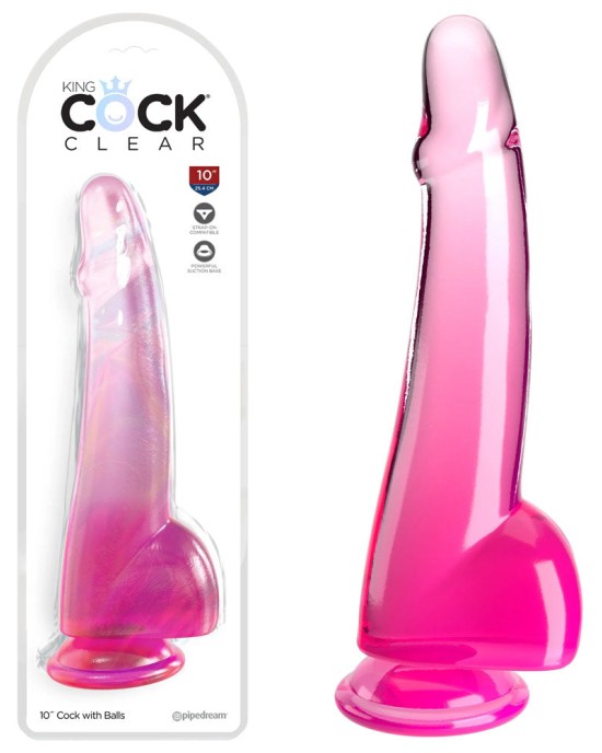 King Cock Clear 10 Inch Dildo with Balls - Pink