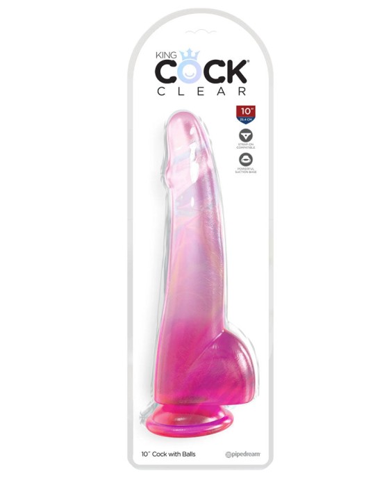 King Cock Clear 10 Inch Dildo with Balls - Pink