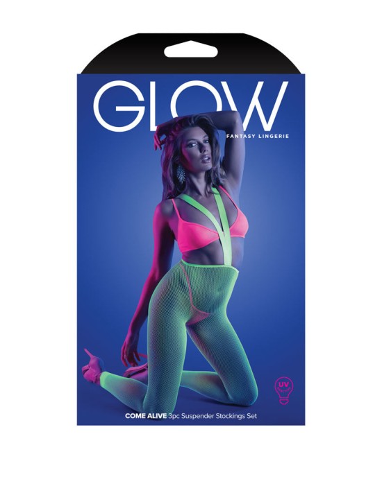 Glow Come Alive 3pc Suspender Stockings Set - Pink/Green - OS