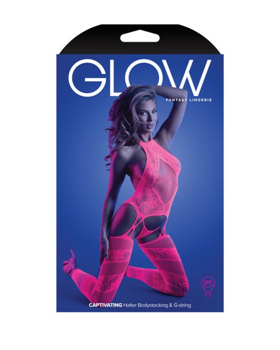 Glow Captivating Halter Bodystocking & G-String - Pink - OS