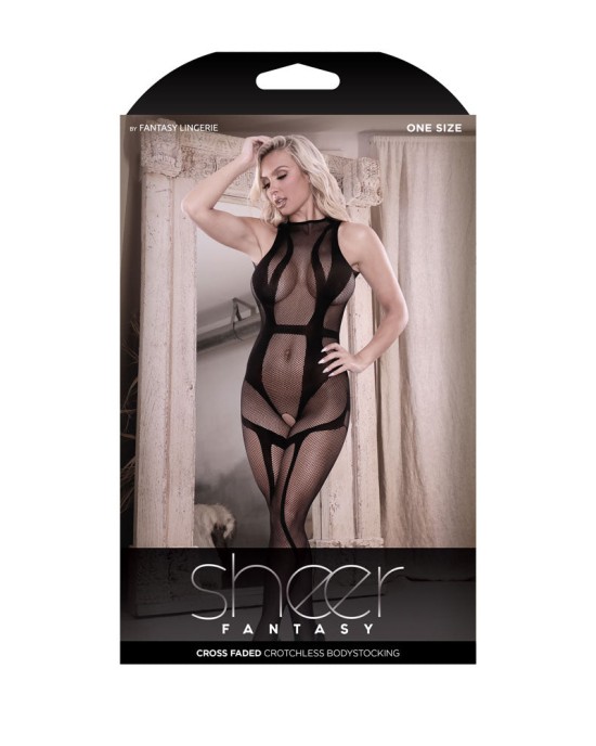 Sheer Fantasy Cross Faded Crotchless Bodystocking - Black