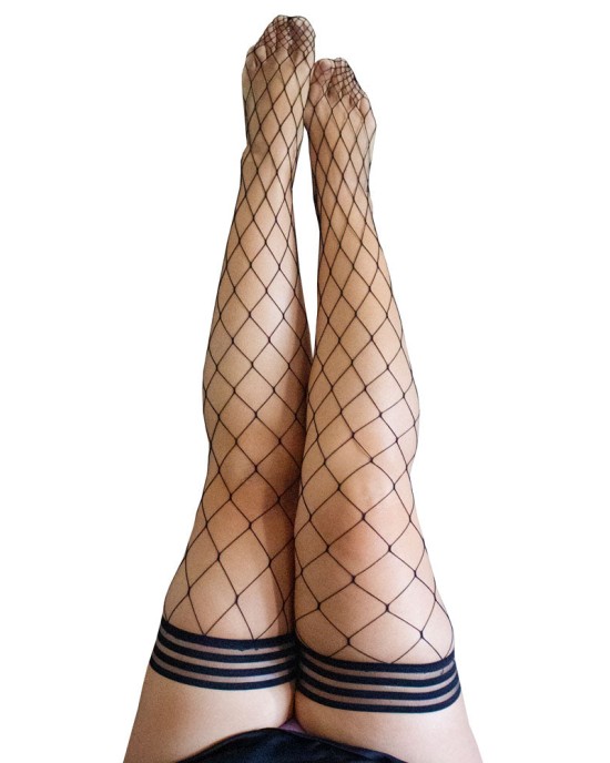 Kixies Michelle Large Diamond Black Fishnet Thigh Highs Stockings - C