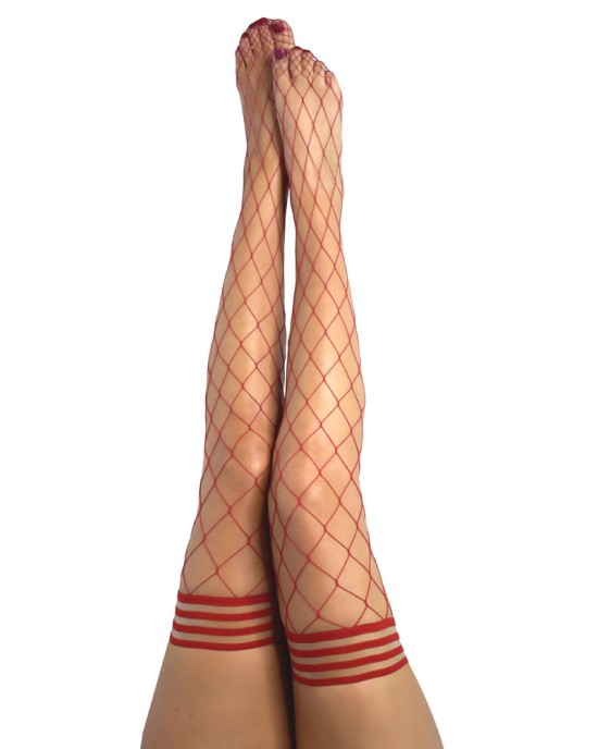 Kixies Claudia Large Diamond Red Fishnet Thigh Highs Stockings - A