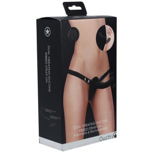 Ouch! Dual Vibrating Silicone Ribbed Strap-On - Black