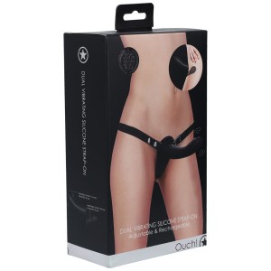 Ouch! Dual Vibrating Silicone Strap-On - Black