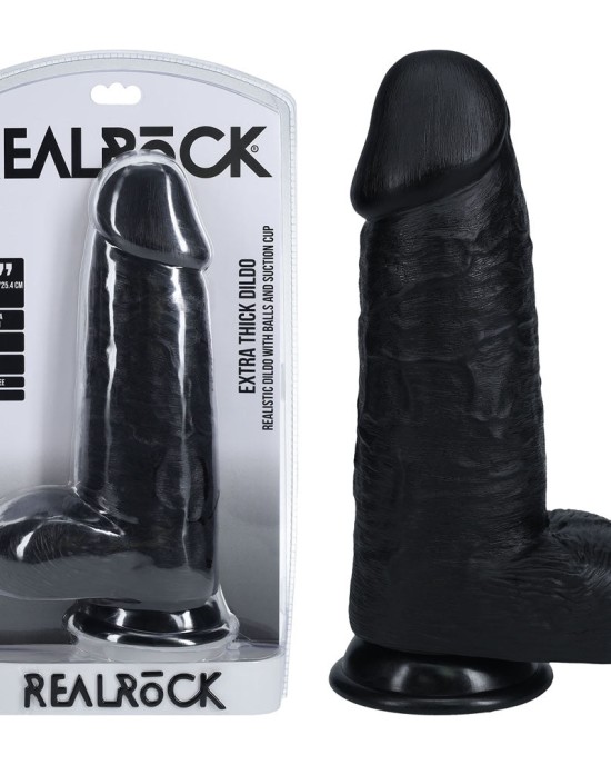 RealRock 10 Inch Extra Thick Dildo with Balls - Black