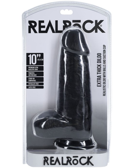 RealRock 10 Inch Extra Thick Dildo with Balls - Black