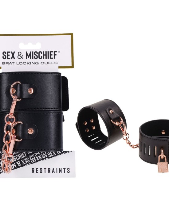 Sex & Mischief Brat Locking Hand Cuffs - Black/Rose Gold