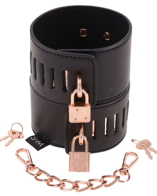 Sex & Mischief Brat Locking Hand Cuffs - Black/Rose Gold