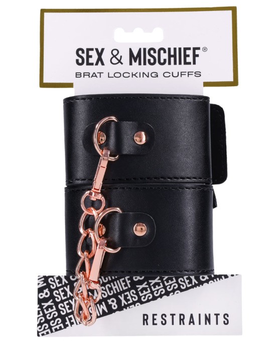 Sex & Mischief Brat Locking Hand Cuffs - Black/Rose Gold