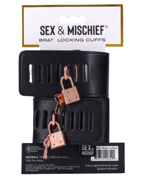 Sex & Mischief Brat Locking Hand Cuffs - Black/Rose Gold