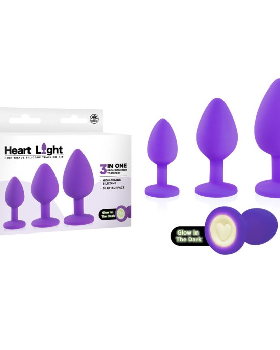 Heart Light - Purple Butt Plugs With Glow in Dark Bases - Set of 3 Sizes