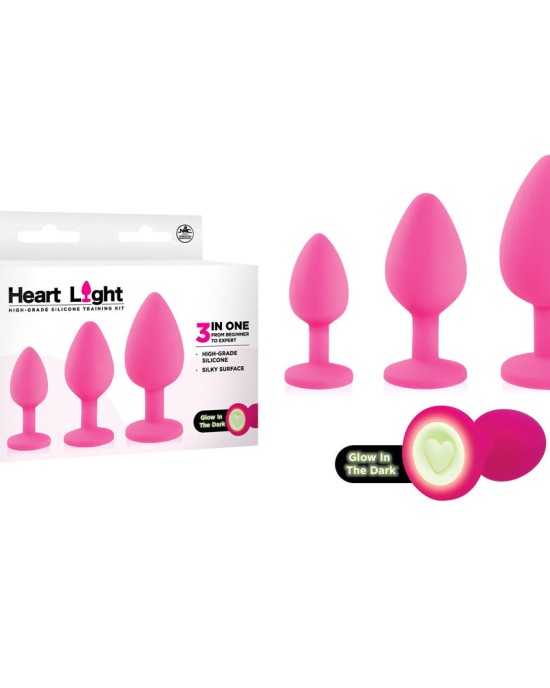 Heart Light - Pink Butt Plugs With Glow in Dark Bases - Set of 3 Sizes