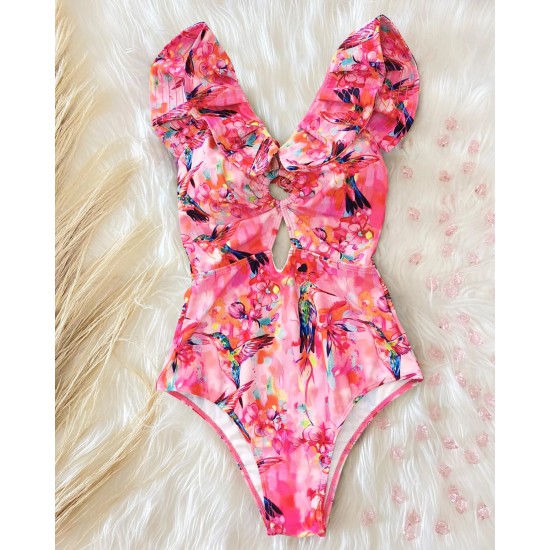 Print Ruffle One Piece Swimsuit Deep-V Swimwear Print Ruffle One Piece Swimsuit Deep-V Swimwear