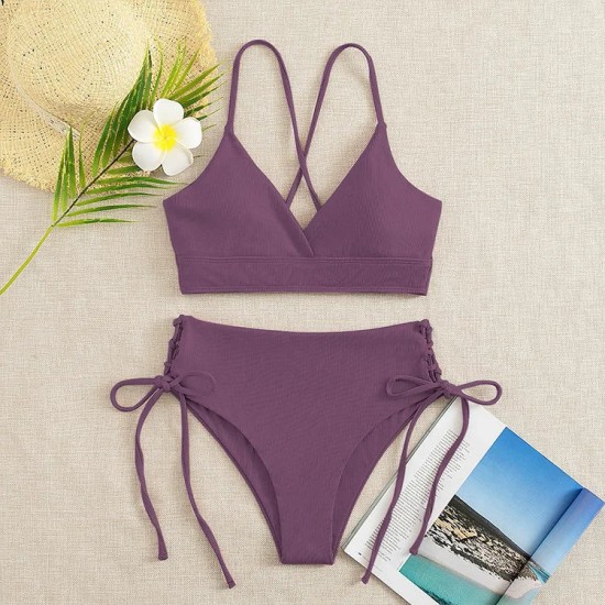 V-Neck Split Bikini Set for Women Solid Color Beach Swimwear