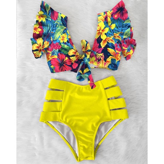 High Waist Bikini Ruffle Swimwear Women Print Bathing Suits Floral
