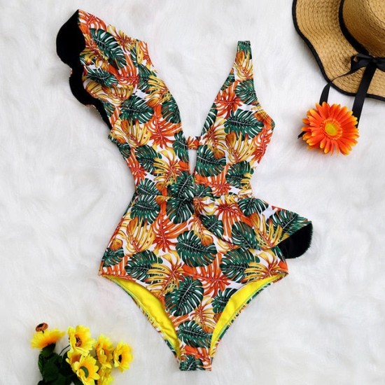 Print Swimwear Deep V-neck Ruffle Swimsuit Push Up One Piece Print Swimwear Deep V-neck Ruffle Swimsuit Push Up One Piece