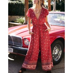 Floral Print Elastic Waist Short Sleeve V-neck Bohemian Playsuits Jumpsuit