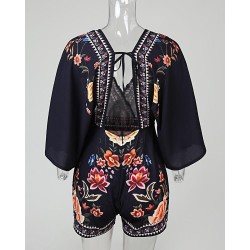 Deep V Neck Floral Half Sleeve Romper
