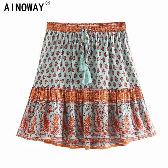 Vintage Chic Happie Floral Print Beach Bohemian Skirt Vintage Chic Happie Floral Print Beach Bohemian Skirt