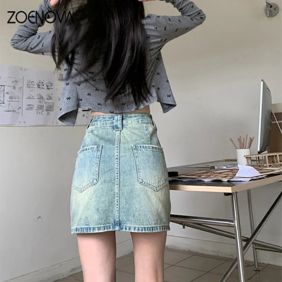 Retro A-line Denim Fashion Women's Casual High Waisted All Match Skirt Retro A-line Denim Fashion Women's Casual High Waisted All Match Skirt