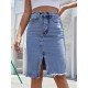 Front Slit Blue Denim Skirt Pockets High Waist Midi Skirts Front Slit Blue Denim Skirt Pockets High Waist Midi Skirts