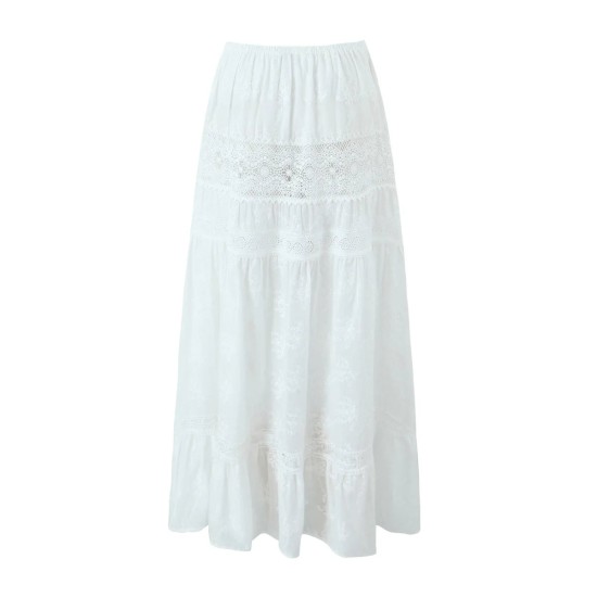 Embroidery Flower Spliced Lace Elastic Waist Ankle Long Skirt Embroidery Flower Spliced Lace Elastic Waist Ankle Long Skirt