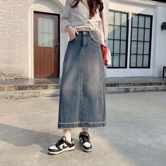 Jean Skirt High Waist Retro A- line Skirt Mid-Length Denim Streetwear Jean Skirt High Waist Retro A- line Skirt Mid-Length Denim Streetwear