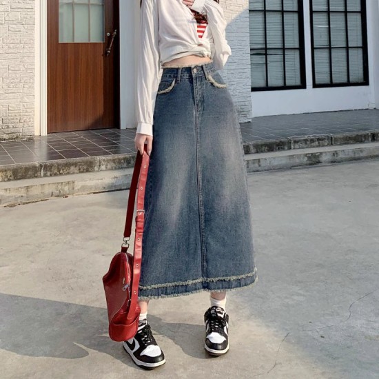 Jean Skirt High Waist Retro A- line Skirt Mid-Length Denim Streetwear Jean Skirt High Waist Retro A- line Skirt Mid-Length Denim Streetwear
