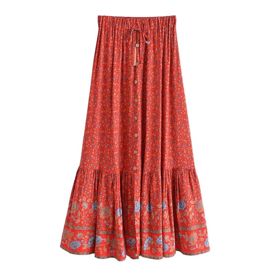 Vintage Floral Print Summer High Waist Breasted Split Skirt Rayon Vintage Floral Print Summer High Waist Breasted Split Skirt Rayon