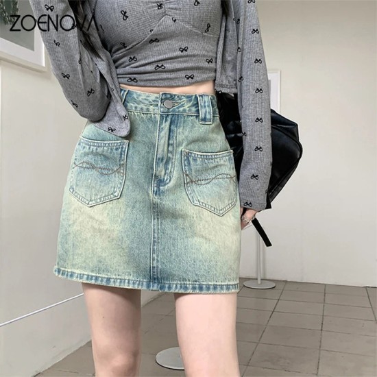 Retro A-line Denim Fashion Women's Casual High Waisted All Match Skirt Retro A-line Denim Fashion Women's Casual High Waisted All Match Skirt