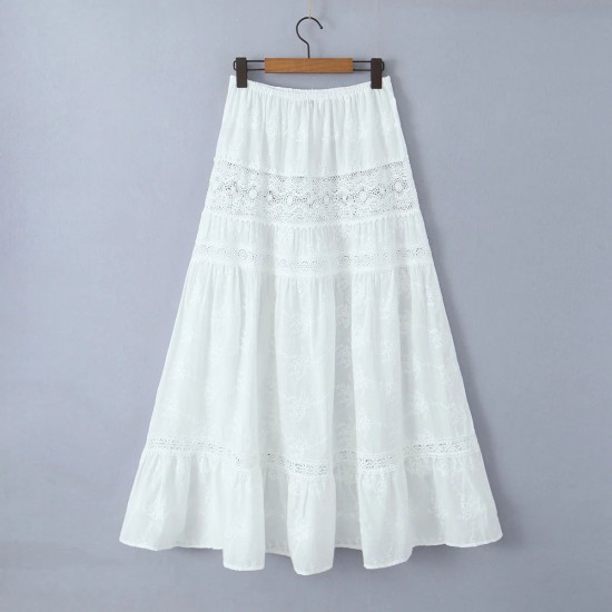 Embroidery Flower Spliced Lace Elastic Waist Ankle Long Skirt Embroidery Flower Spliced Lace Elastic Waist Ankle Long Skirt