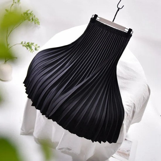 Vintage Pleated Midi Solid Skirt Fashion High Waist