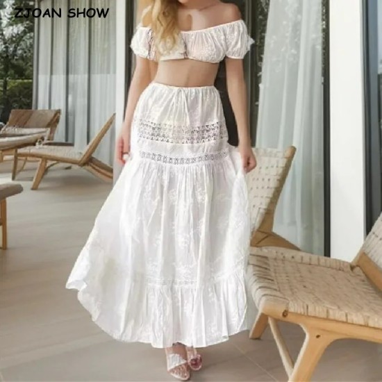 Embroidery Flower Spliced Lace Elastic Waist Ankle Long Skirt Embroidery Flower Spliced Lace Elastic Waist Ankle Long Skirt
