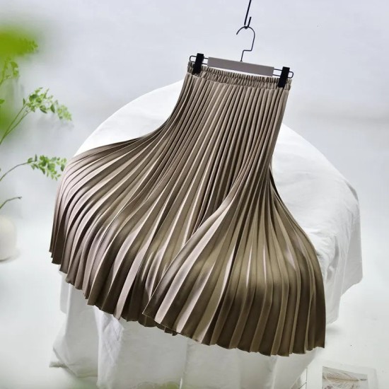 Vintage Pleated Midi Solid Skirt Fashion High Waist