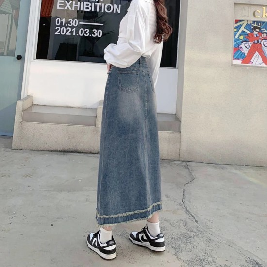 Jean Skirt High Waist Retro A- line Skirt Mid-Length Denim Streetwear Jean Skirt High Waist Retro A- line Skirt Mid-Length Denim Streetwear