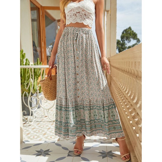 Vintage Floral Print Summer High Waist Breasted Split Skirt Rayon Vintage Floral Print Summer High Waist Breasted Split Skirt Rayon