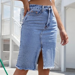 Front Slit Blue Denim Skirt Pockets High Waist Midi Skirts
