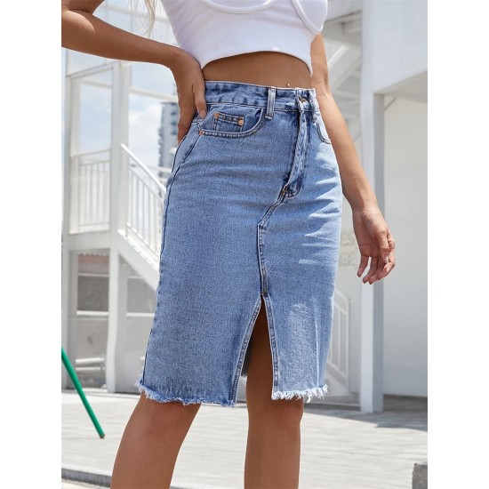 Front Slit Blue Denim Skirt Pockets High Waist Midi Skirts Front Slit Blue Denim Skirt Pockets High Waist Midi Skirts