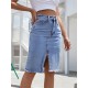Front Slit Blue Denim Skirt Pockets High Waist Midi Skirts Front Slit Blue Denim Skirt Pockets High Waist Midi Skirts