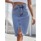 Front Slit Blue Denim Skirt Pockets High Waist Midi Skirts Front Slit Blue Denim Skirt Pockets High Waist Midi Skirts