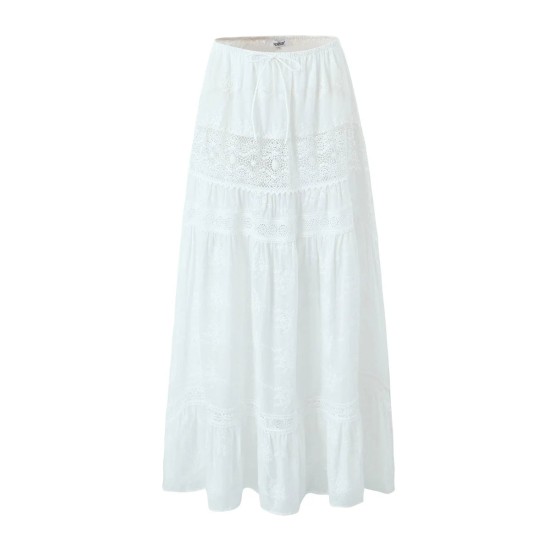 Embroidery Flower Spliced Lace Elastic Waist Ankle Long Skirt Embroidery Flower Spliced Lace Elastic Waist Ankle Long Skirt