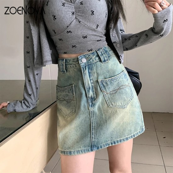 Retro A-line Denim Fashion Women's Casual High Waisted All Match Skirt Retro A-line Denim Fashion Women's Casual High Waisted All Match Skirt