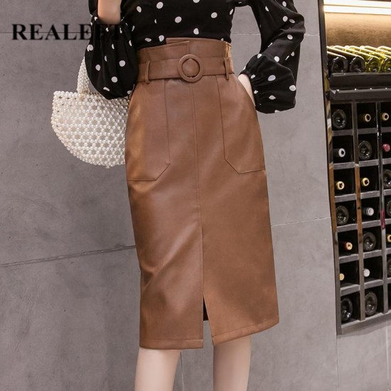 PU Leather Sheath Midi Skirts High Waist Knee-Length Wrap Skirts PU Leather Sheath Midi Skirts High Waist Knee-Length Wrap Skirts