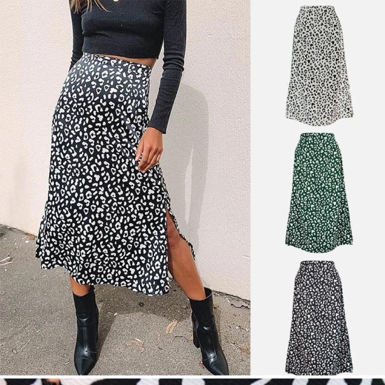 Leopard Printed Side Split Long Black High Waist Zip Vintage Ladies Skirt Leopard Printed Side Split Long Black High Waist Zip Vintage Ladies Skirt